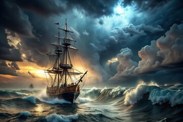 Obraz premium Dramatic Low Light Photography of a Sailing Ship Braving a Stormy Ocean, Capturing the Intensity and Power of Nature in a Twilight Setting