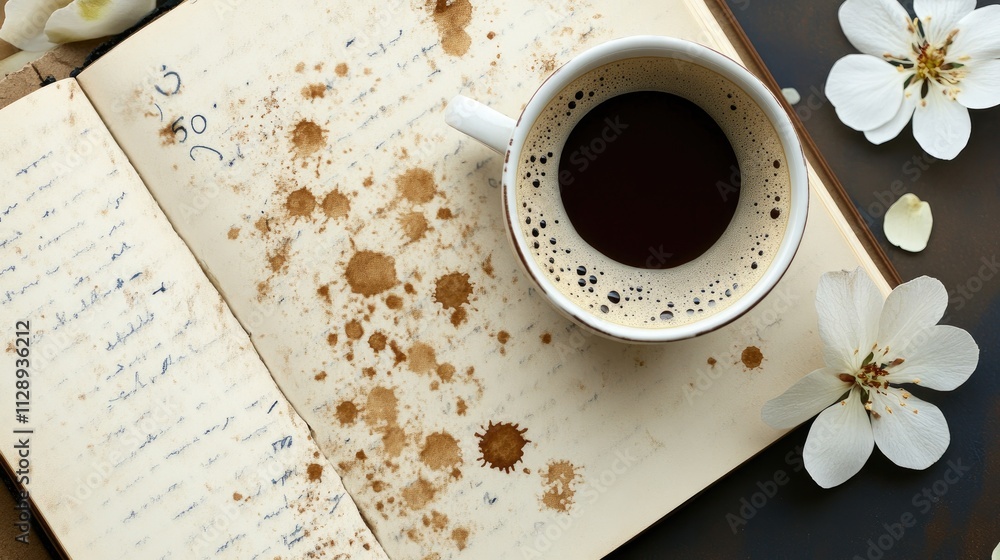 Poster artistic background with coffee and paper stains on a notebook page, interspersed with delicate flow