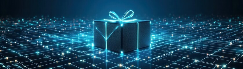 Digital gift box with glowing blue lines on a futuristic background.