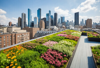 Fototapeta premium Vibrant Rooftop Garden Oasis Overlooking Modern City Skyline