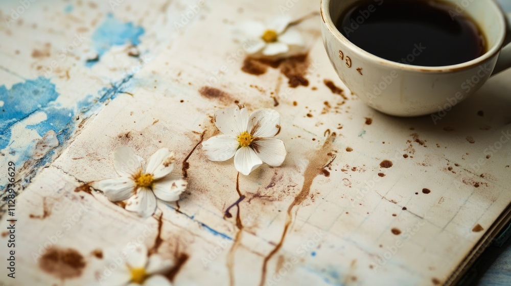Poster background featuring coffee stains and paper marks on an old notebook, with small flowers adding a c
