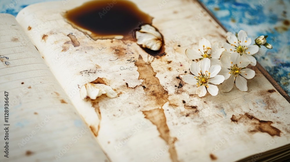 Poster background featuring coffee stains and paper marks on an old notebook, with small flowers adding a c