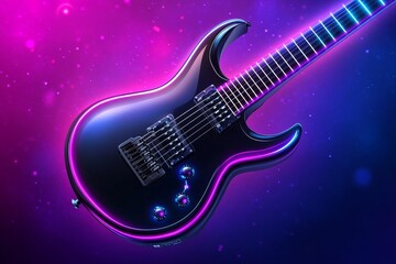 Obraz premium A cyberpunk-themed depiction of an electric guitar with neon strings, holographic controls, and glowing accents set in a futuristic concert setting