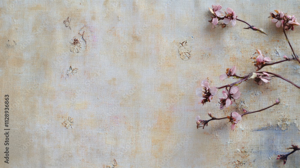 Aufkleber background featuring coffee stains and paper marks on an old notebook, with small flowers adding a c