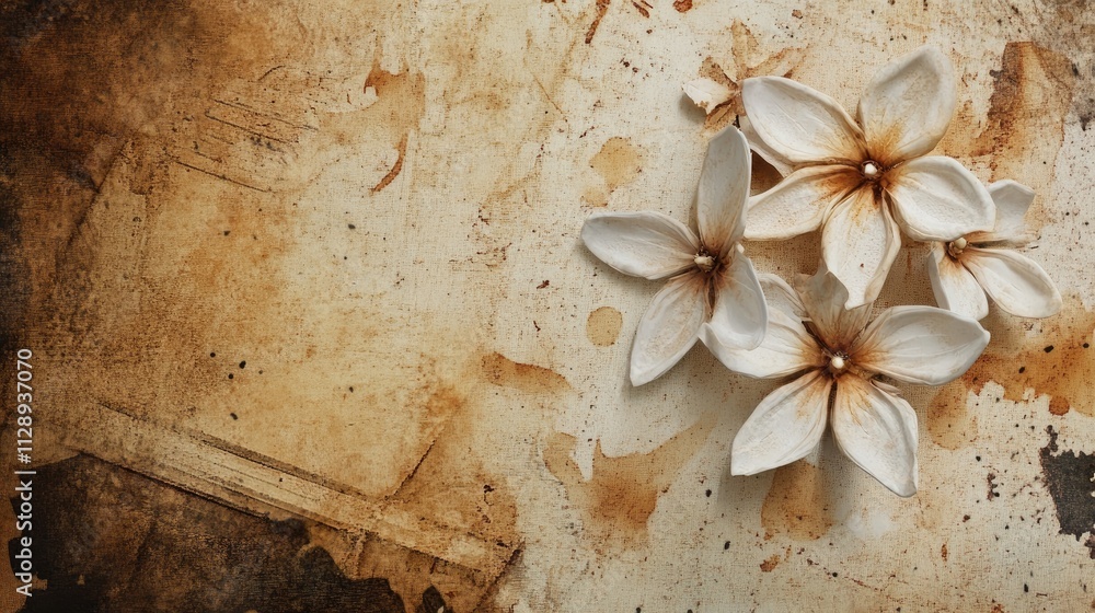 Aufkleber background featuring coffee stains and paper marks on an old notebook, with small flowers adding a c