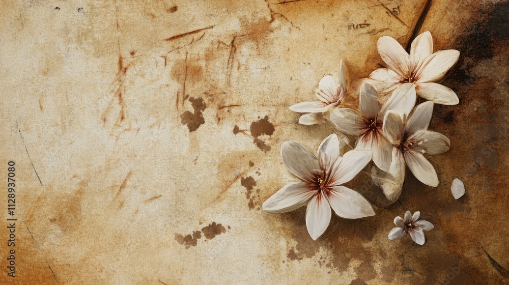 Aufkleber background featuring coffee stains and paper marks on an old notebook, with small flowers adding a c