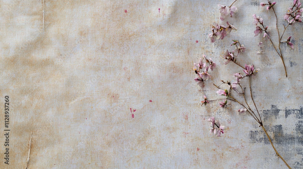Aufkleber background featuring coffee stains and paper marks on an old notebook, with small flowers adding a c