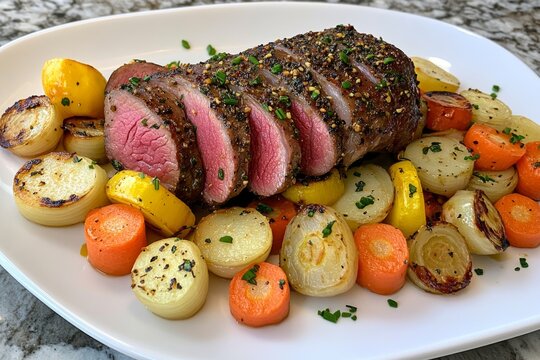  Lomo de res en t&eacute;rmino medio, servido con zanahorias, nabos y papas asadas, decorado con hierbas frescas en un plato blanco.

