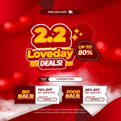 2.2 Love Day Shopping day Sale discount deals Editable text vibrant red gradient Dynamic background voucher pop up banner