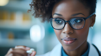 A healthcare worker demonstrating how to take a pill during a consultation.