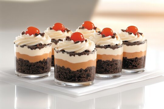  Vasos individuales con capas de crema, chocolate y bizcocho, decorados con cerezas rojas y trozos de chocolate.

