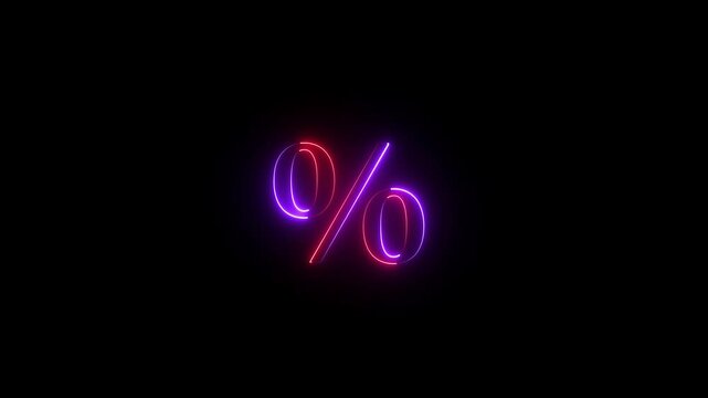glowing neon Business concept neon percent icon animation, on black background..  neon %  sign animation