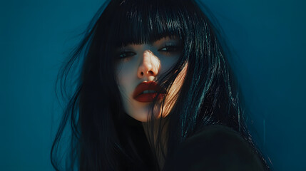 A high-fashion editorial featuring long jet-black hair styled with blunt bangs.
