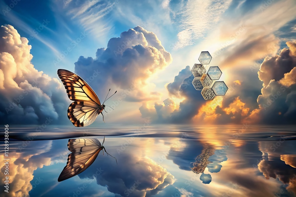 Poster dreamy liquid cloudscape with reflective hexagonal motif and whimsical butterfly in a surreal produc
