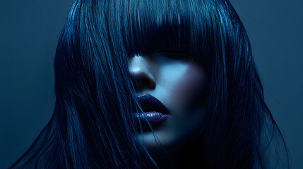A high-fashion editorial featuring long jet-black hair styled with blunt bangs.