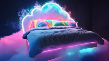 Bed with rainbow pillows is floating in clouds, illuminated by neon lights that change color, creating a dreamy and surreal atmosphere - Powered by Adobe