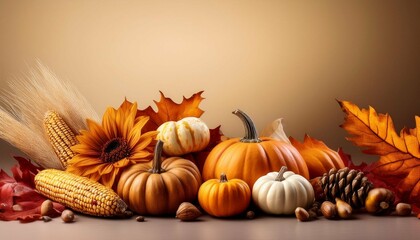 autumn foliage with pumpkins gourds corn and acorns for thanksgiving and fall holidays on  background