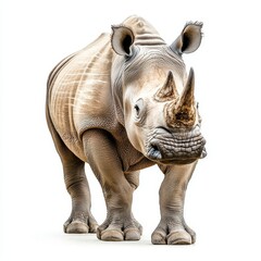 Obraz premium The white rhino stands confidently, showcasing its large horn and rugged skin, emphasizing its strength and beauty in a striking, isolated environment.