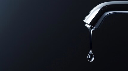 tap metal usage. A sleek faucet with a droplet of water hanging from its tip against a dark background, symbolizing purity and efficiency.