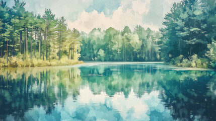 Fototapeta premium A peaceful forest pond reflecting surrounding trees and soft clouds, watercolor style