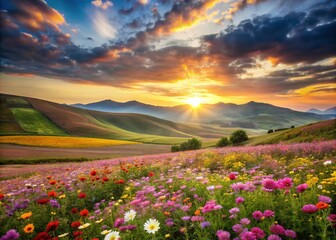 Fototapeta premium Dreamy Watercolor Landscape with Vibrant Flowers in a Serene Setting Captured in a Candid Style for Nature Lovers and Art Enthusiasts