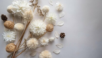 white dried flowers in arrangement from above