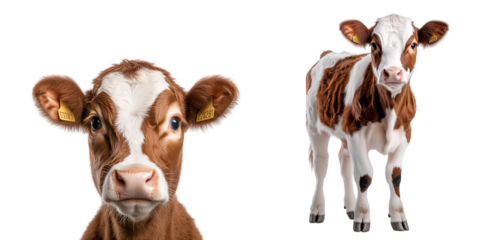 set of portrait and whole brown and white spotted cow isolated on a transparent background