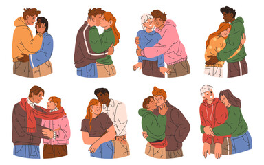 Young people are kissing and hugging, vector set. Collection of couples in love or friends embracing each other. Romantic relationship or friendship. Tender feelings, hugs and kisses. Valentines day.