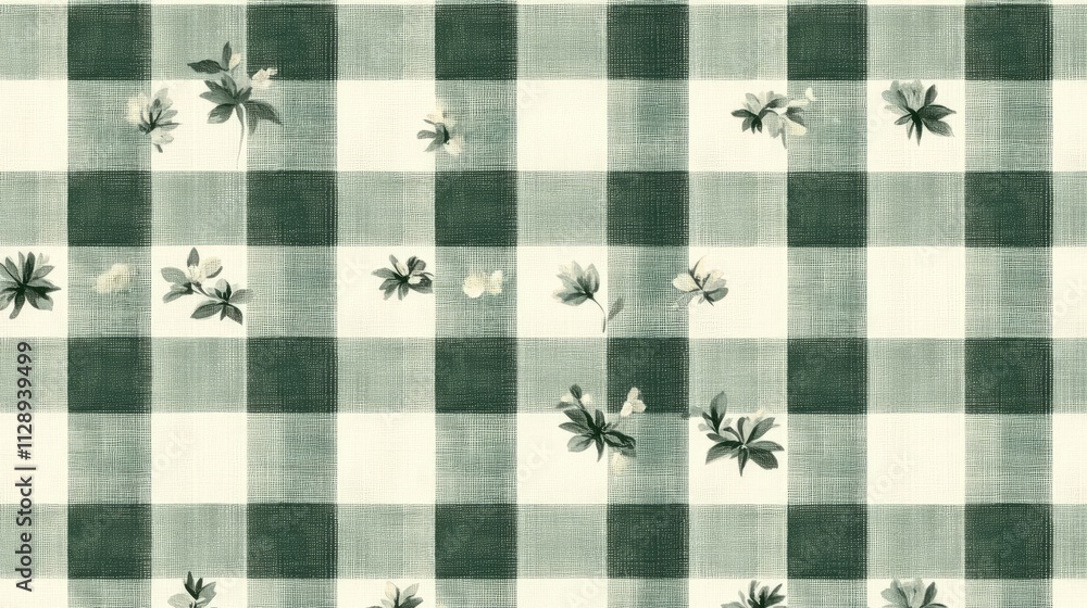 Poster charming green and white plaid pattern with tiny flowers inserted in between the checks, creating a 