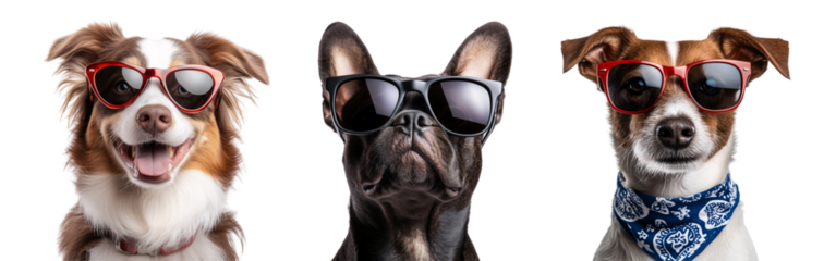 set of dog sporting large, retro-style sunglasses, looking fashionable and cool isolated on a transparent background