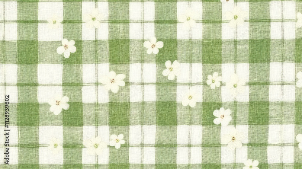 Poster charming green and white plaid pattern with tiny flowers inserted in between the checks, creating a 