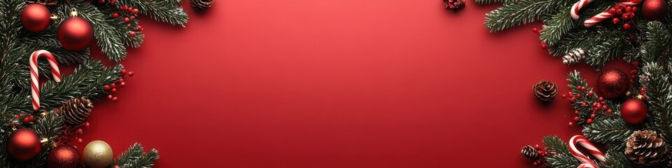 Christmas Celebration, Red Banner with Holly and Berries, Rich Red Carpet, Christmas Wreaths