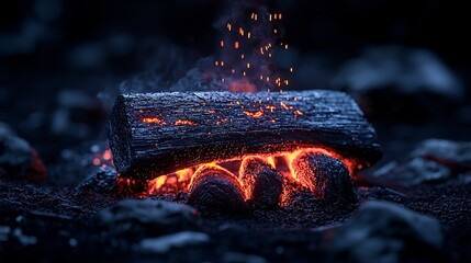 Glowing embers and burning log at night.