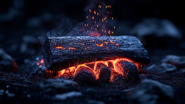 Glowing embers and burning log at night.