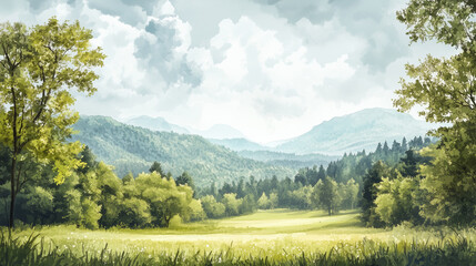 A forest edge with open fields and a dramatic backdrop of rolling hills, watercolor style