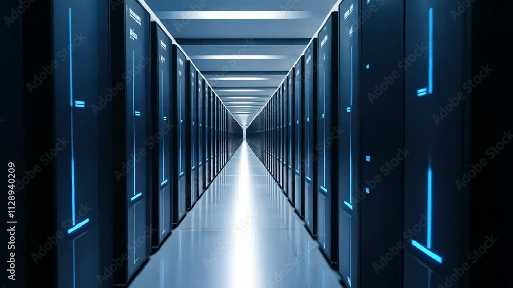 Poster high-tech server room with rows of powerful data storage solutions and blue lighting