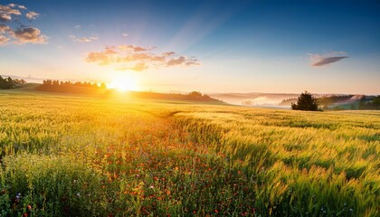 sunrise on fields summer sunny day in countryside