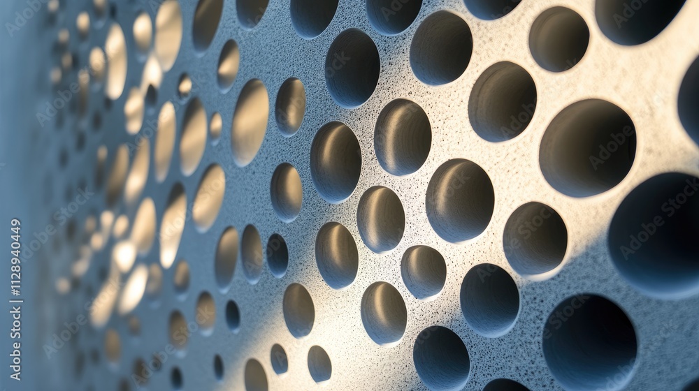 Poster close-up of a background with an intricate arrangement of holes, casting interesting shadows and cre