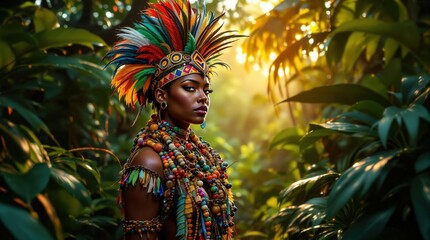 Fototapeta premium Woman in vibrant tribal attire and headdress in lush jungle setting, ideal for cultural, travel, or adventure-themed projects.