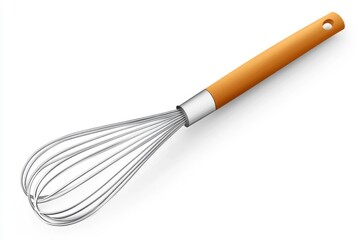 A High-Quality Image of a Stainless Steel Whisk with an Orange Wooden Handle, Isolated on White Background, Perfect for Culinary Websites or Cookbooks