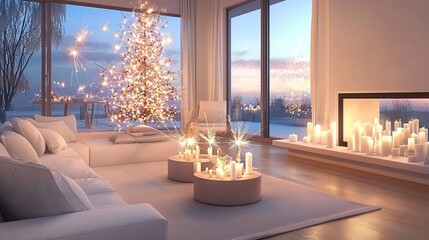 New year sparkle cuddle festive merry. A cozy, elegantly decorated living room featuring a Christmas tree, candles, and large windows with a serene winter view at sunset.