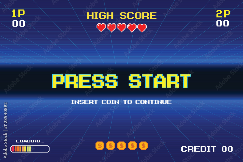 Aufkleber press start. insert coin to continue. pixel art 8-bit game retro game. retro futurism sci-fi backgro