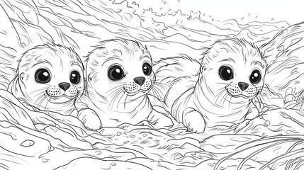 Fototapeta premium Three Adorable Seal Pups Huddled Together in a Rocky Crevice