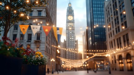 Traditional celebration featuring Latin American flags and patterns, illuminated by string lights, cultural pride, 3D rendering