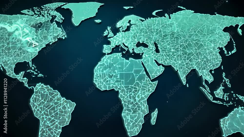 Poster global network map with digital connectivity and data visualization elements