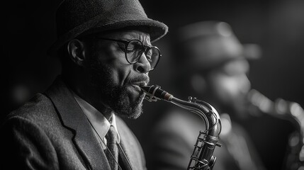 Vintage jazz musician playing saxophone in classic black and white
