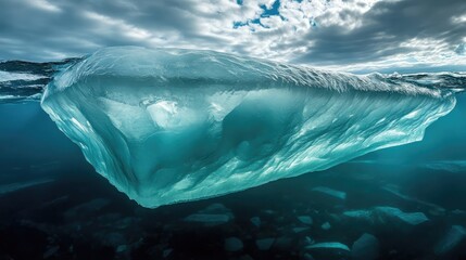 Fototapeta premium A frozen ice plate drifting underwater, its smooth surface and air pockets creating a fascinating interplay of light and texture