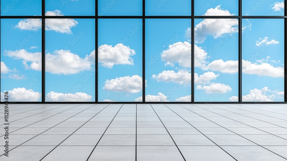 Poster a 3d rendering of a reflective floor featuring a blue sky and clouds in the background.
