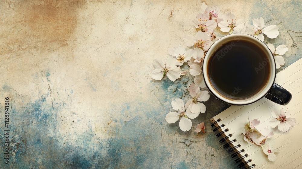 Poster coffee and paper stains on a vintage notebook background with scattered delicate flowers, creating a