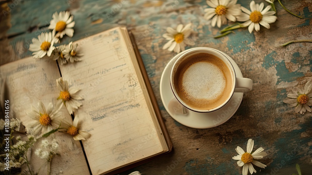 Poster coffee and paper stains on a vintage notebook background with scattered delicate flowers, creating a